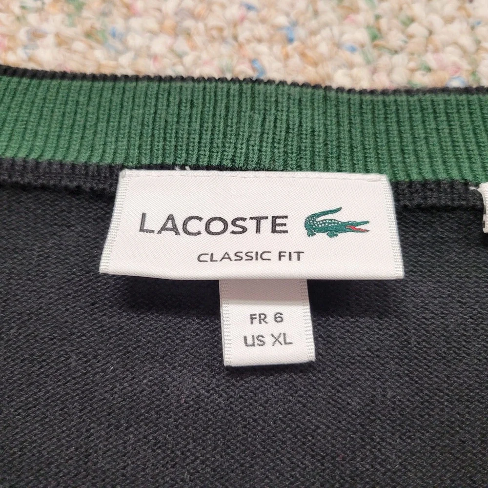 Lacoste Sweater Mens‎ 6 XL Black V Neck Pullover Classic Fit Preppy Crocodile